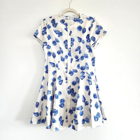 Zara White & Blue 100% Cotton Seashell Print Dress Button Down Fit & Flare Large - Picture 5 of 11